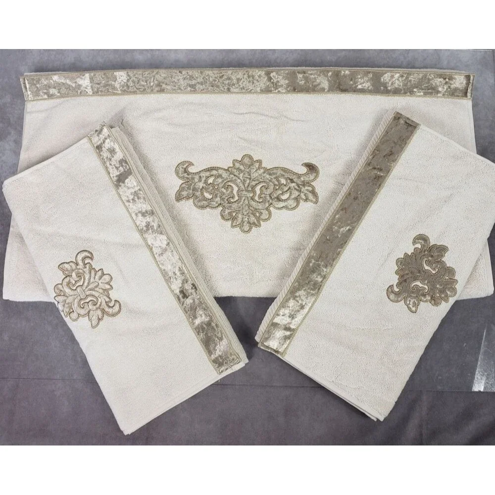 Linum Home 3 Pc Bath Towel Set Beige Turkish Cotton May Embellished